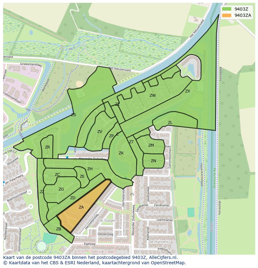 Afbeelding van het postcodegebied 9403 ZA op de kaart.