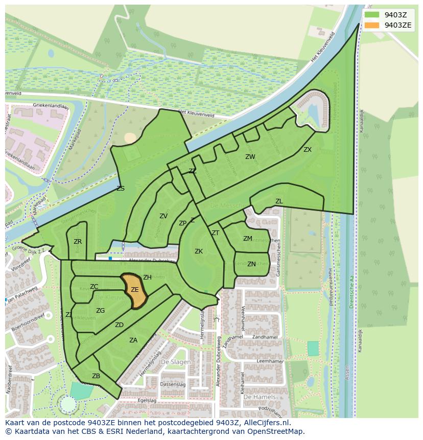 Afbeelding van het postcodegebied 9403 ZE op de kaart.