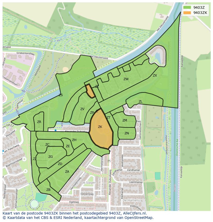 Afbeelding van het postcodegebied 9403 ZK op de kaart.