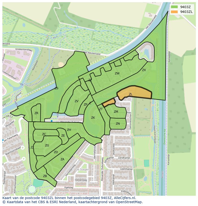 Afbeelding van het postcodegebied 9403 ZL op de kaart.