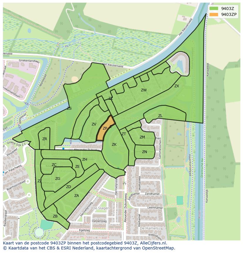 Afbeelding van het postcodegebied 9403 ZP op de kaart.