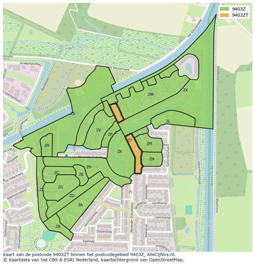 Afbeelding van het postcodegebied 9403 ZT op de kaart.