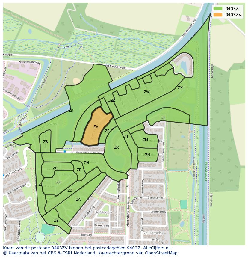 Afbeelding van het postcodegebied 9403 ZV op de kaart.