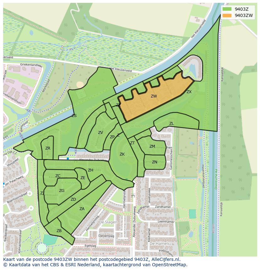 Afbeelding van het postcodegebied 9403 ZW op de kaart.