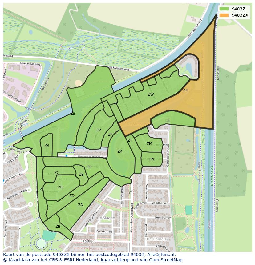 Afbeelding van het postcodegebied 9403 ZX op de kaart.