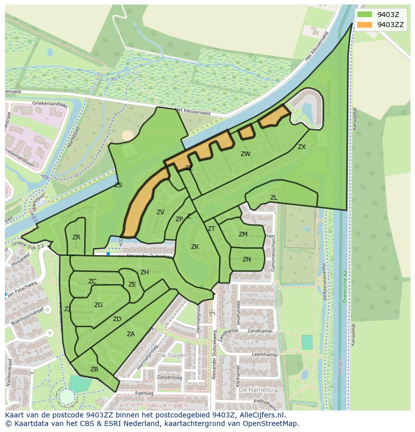 Afbeelding van het postcodegebied 9403 ZZ op de kaart.