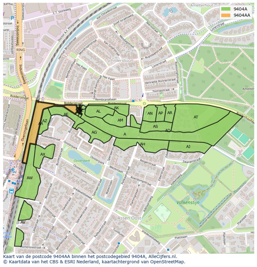 Afbeelding van het postcodegebied 9404 AA op de kaart.