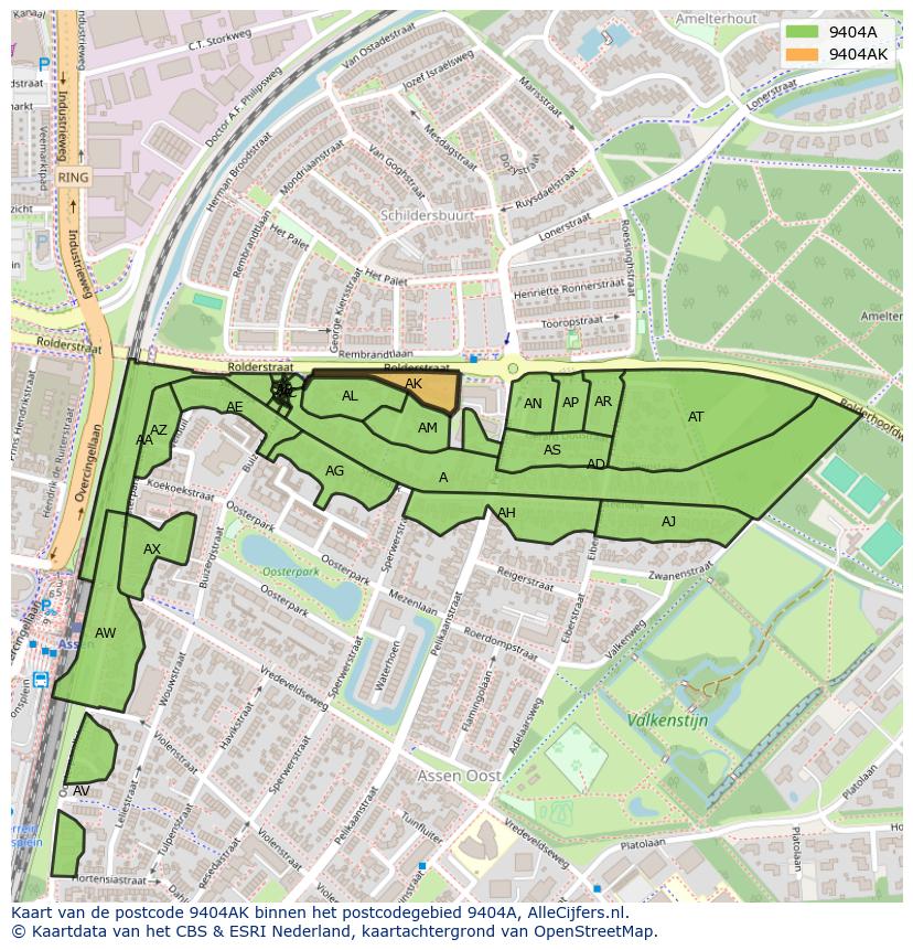 Afbeelding van het postcodegebied 9404 AK op de kaart.