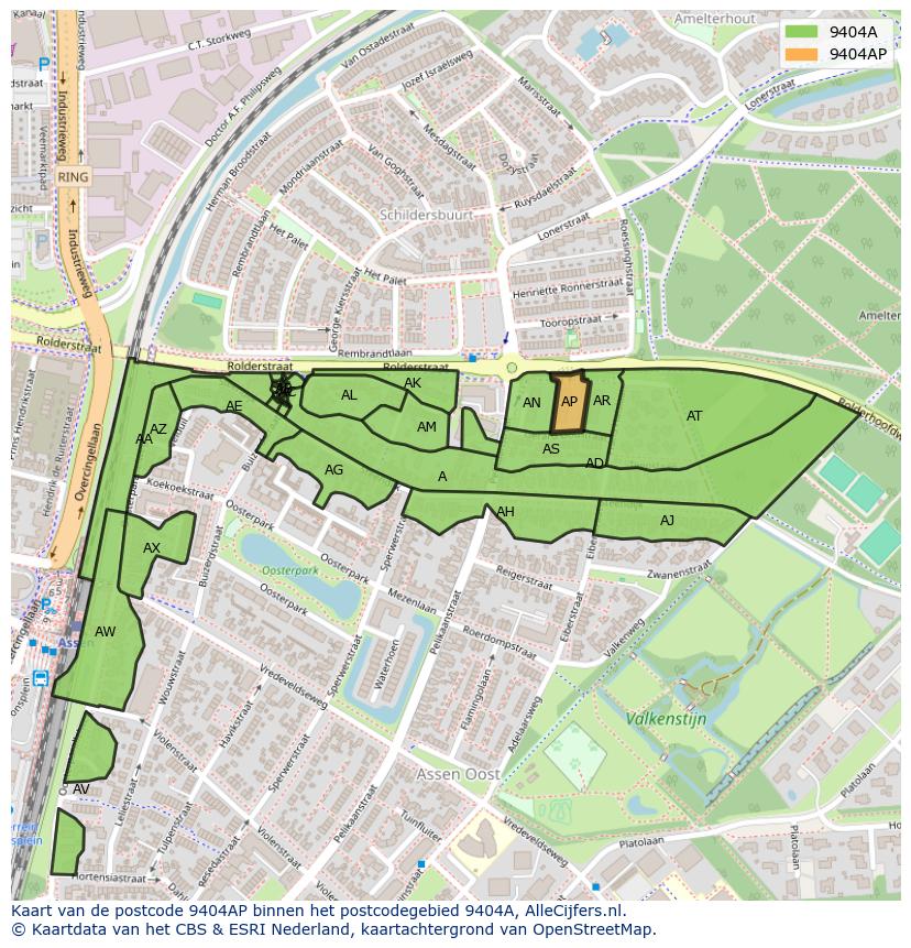 Afbeelding van het postcodegebied 9404 AP op de kaart.