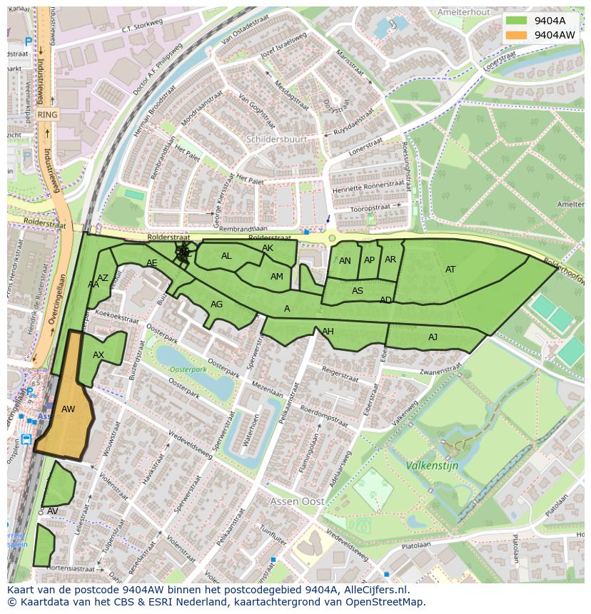 Afbeelding van het postcodegebied 9404 AW op de kaart.