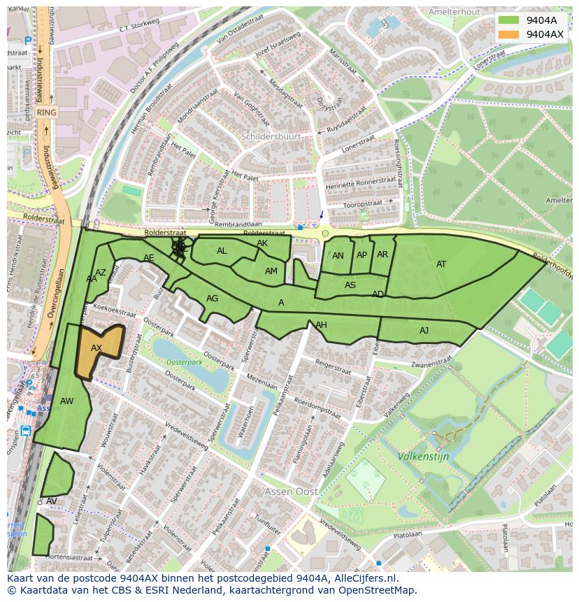 Afbeelding van het postcodegebied 9404 AX op de kaart.
