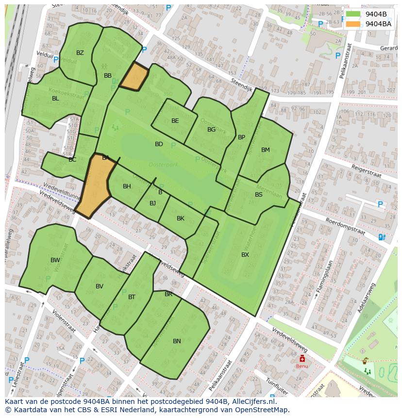 Afbeelding van het postcodegebied 9404 BA op de kaart.