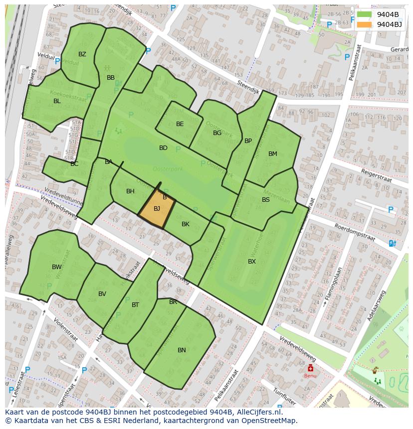 Afbeelding van het postcodegebied 9404 BJ op de kaart.