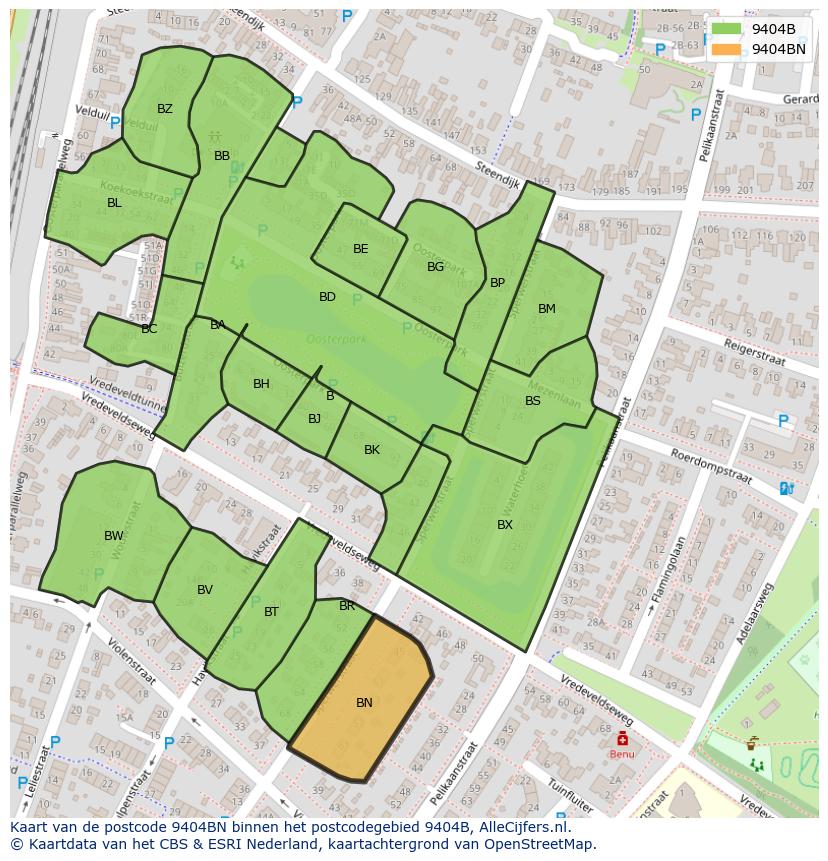 Afbeelding van het postcodegebied 9404 BN op de kaart.