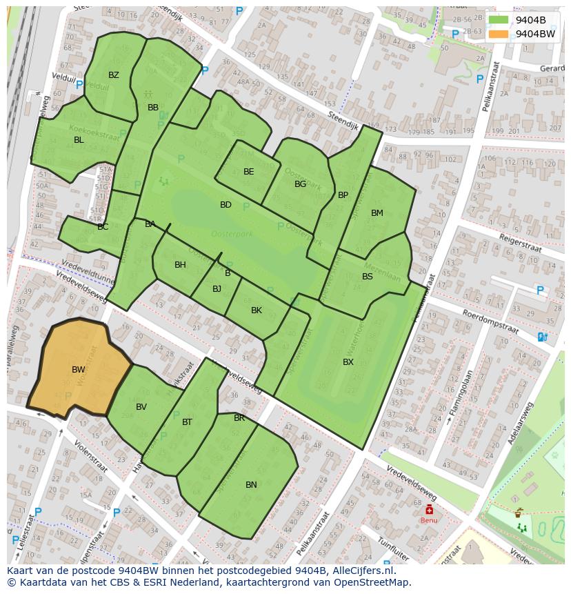 Afbeelding van het postcodegebied 9404 BW op de kaart.
