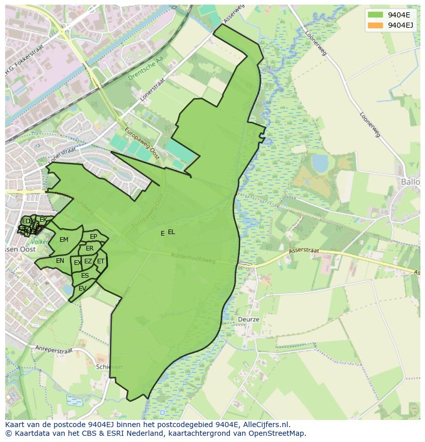 Afbeelding van het postcodegebied 9404 EJ op de kaart.