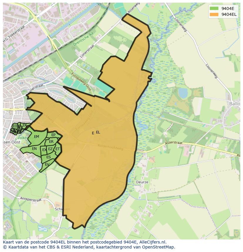Afbeelding van het postcodegebied 9404 EL op de kaart.