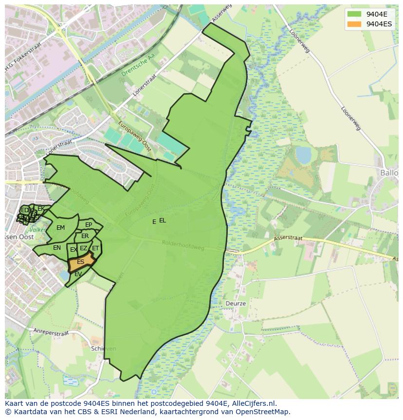 Afbeelding van het postcodegebied 9404 ES op de kaart.