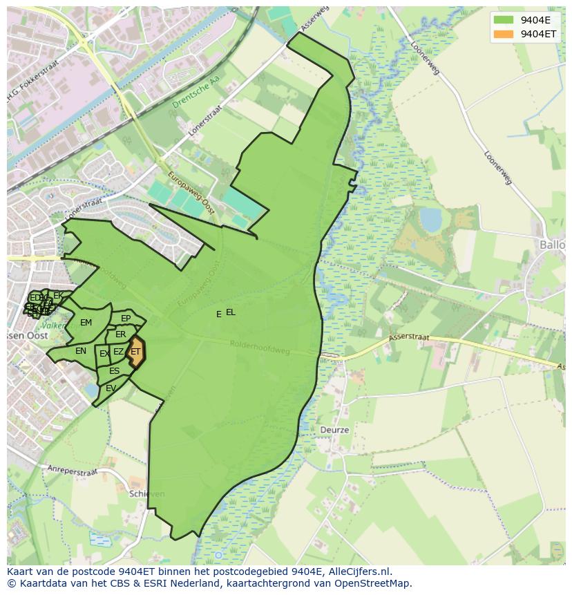 Afbeelding van het postcodegebied 9404 ET op de kaart.
