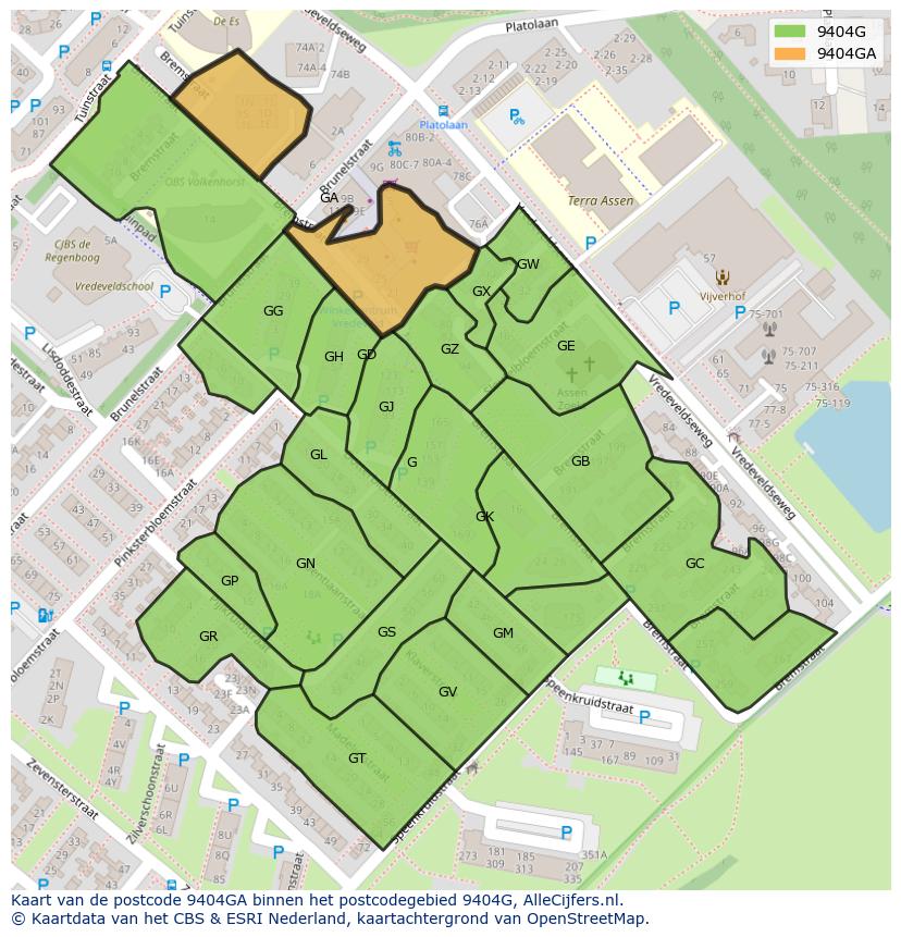 Afbeelding van het postcodegebied 9404 GA op de kaart.