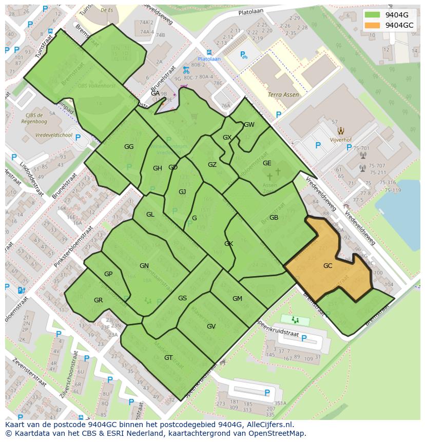 Afbeelding van het postcodegebied 9404 GC op de kaart.