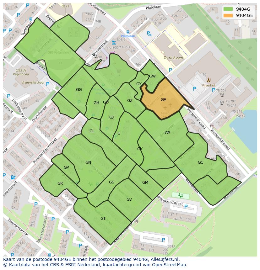 Afbeelding van het postcodegebied 9404 GE op de kaart.