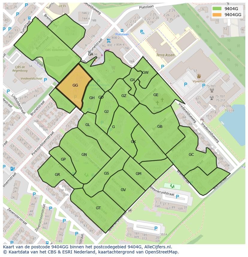 Afbeelding van het postcodegebied 9404 GG op de kaart.