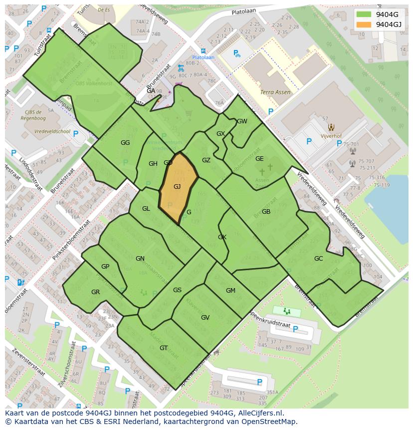 Afbeelding van het postcodegebied 9404 GJ op de kaart.