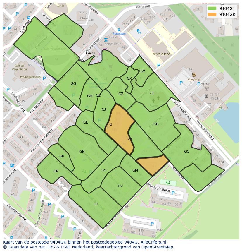 Afbeelding van het postcodegebied 9404 GK op de kaart.