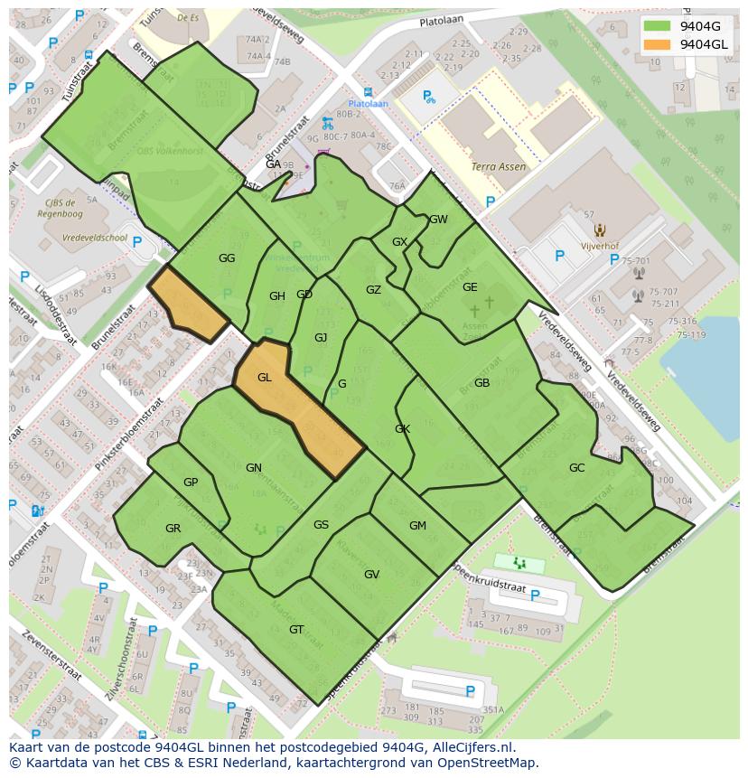 Afbeelding van het postcodegebied 9404 GL op de kaart.