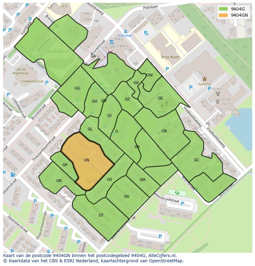 Afbeelding van het postcodegebied 9404 GN op de kaart.