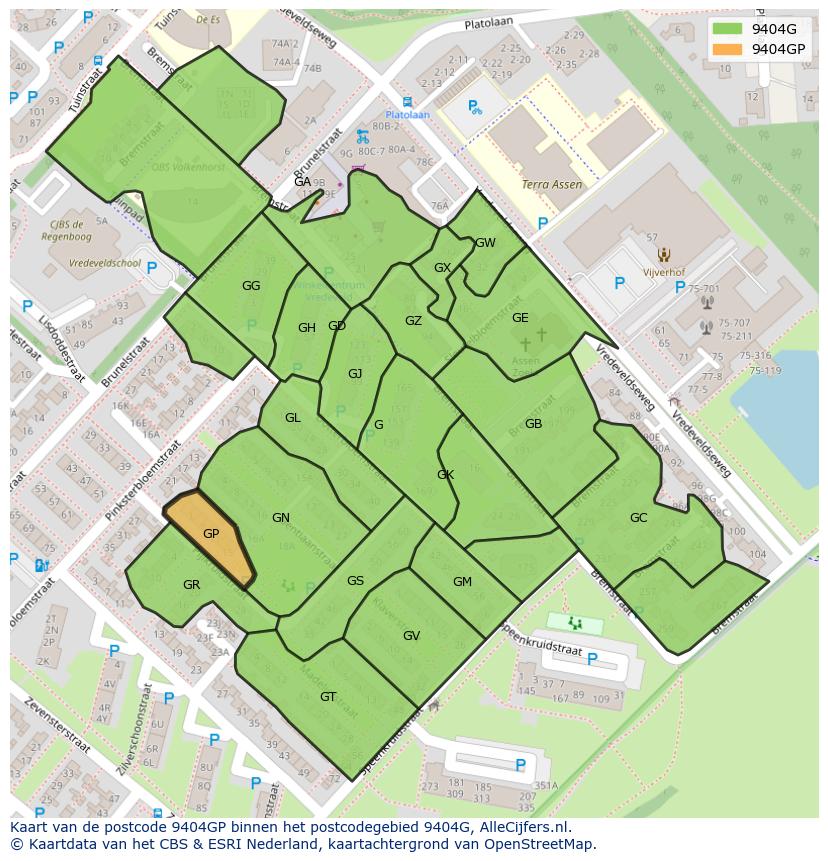Afbeelding van het postcodegebied 9404 GP op de kaart.