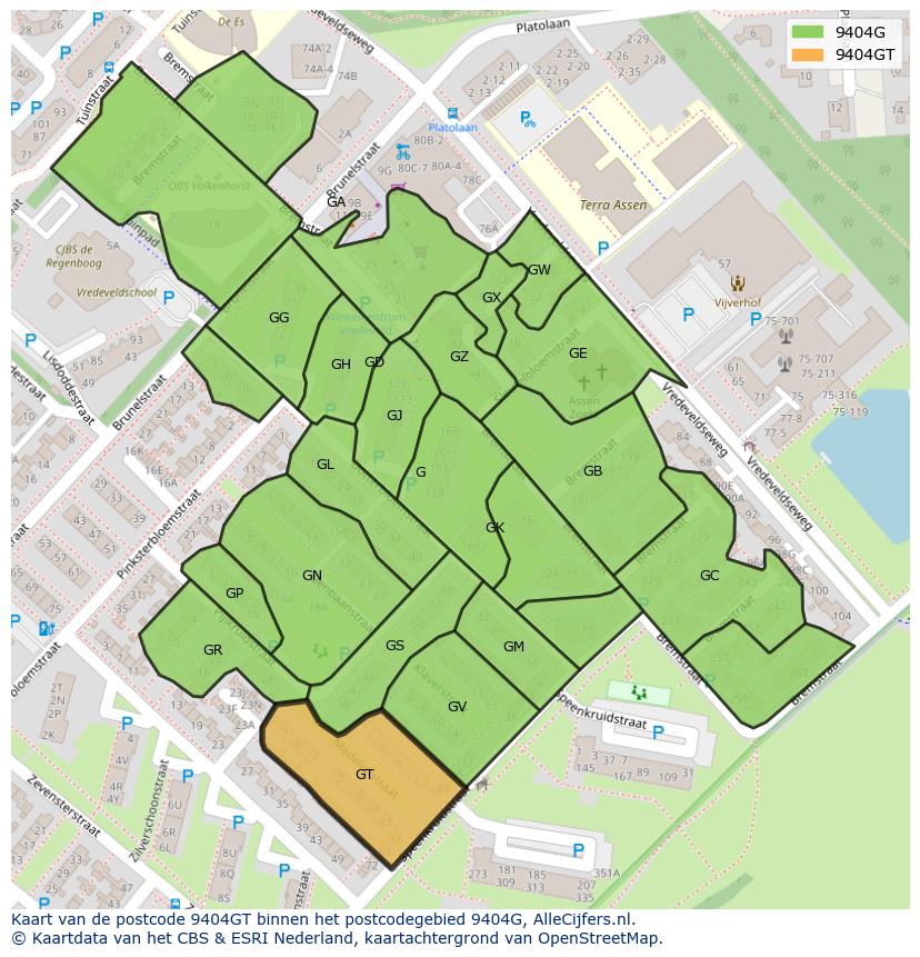 Afbeelding van het postcodegebied 9404 GT op de kaart.