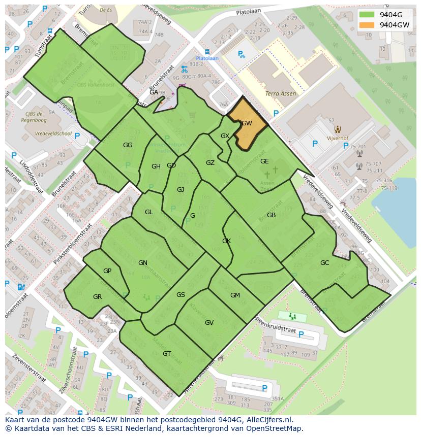 Afbeelding van het postcodegebied 9404 GW op de kaart.