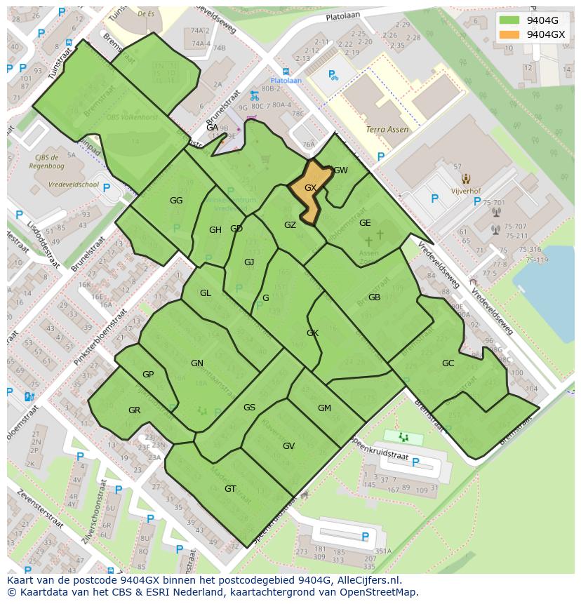 Afbeelding van het postcodegebied 9404 GX op de kaart.