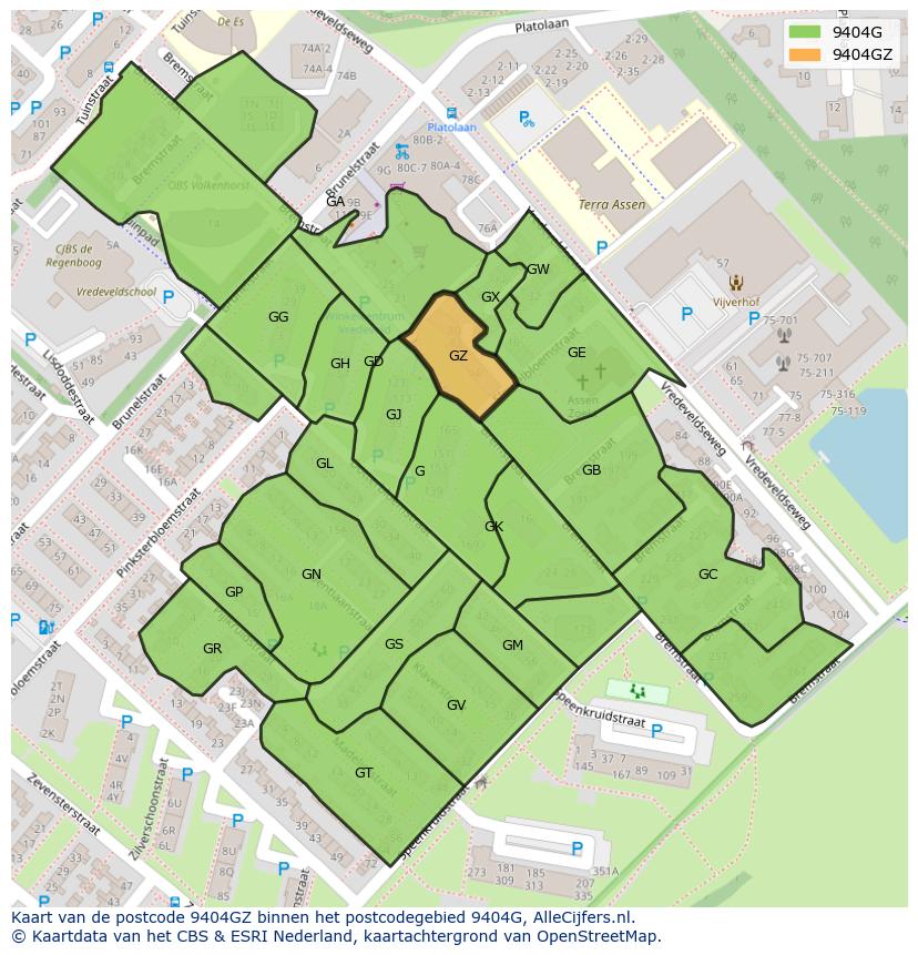 Afbeelding van het postcodegebied 9404 GZ op de kaart.