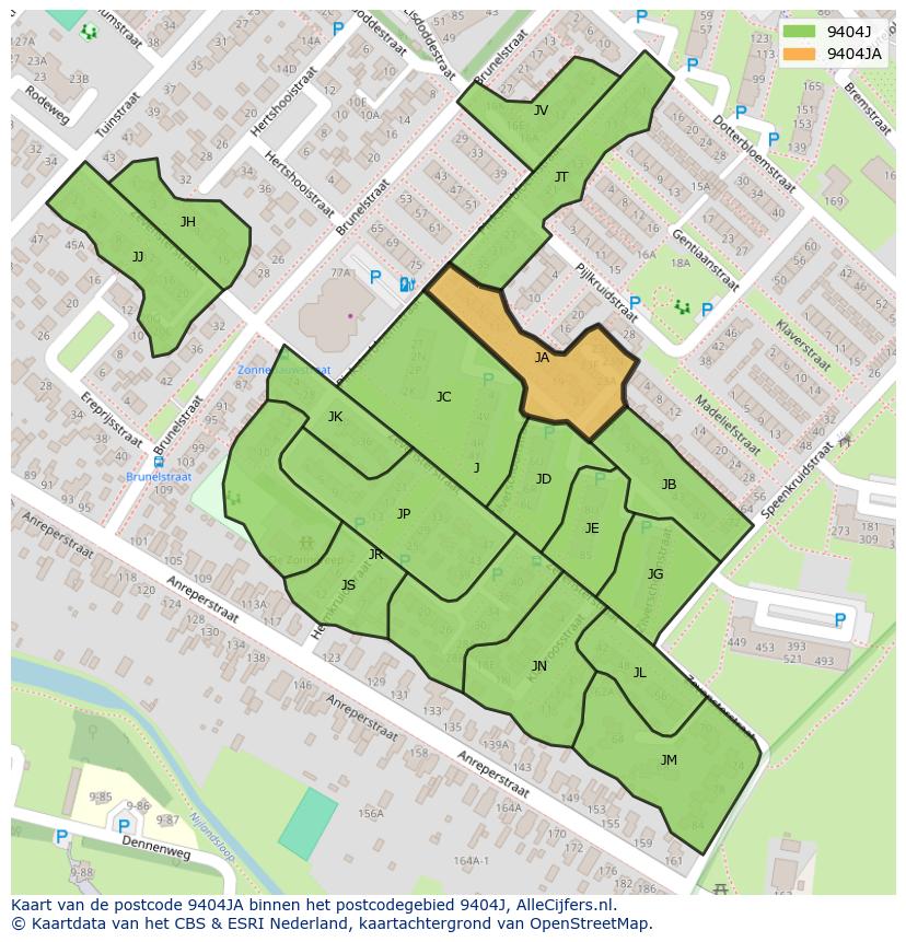 Afbeelding van het postcodegebied 9404 JA op de kaart.