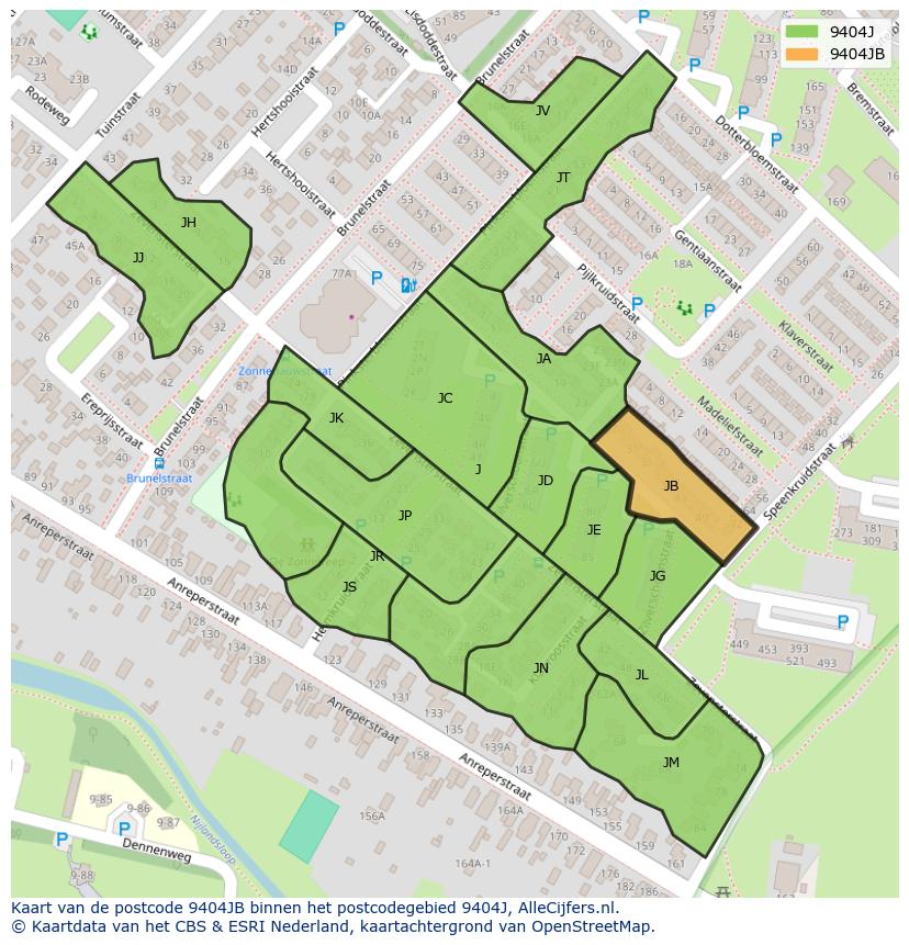 Afbeelding van het postcodegebied 9404 JB op de kaart.