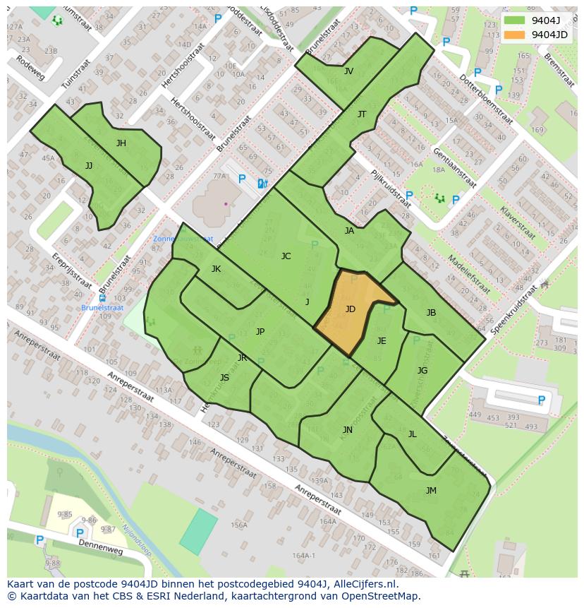Afbeelding van het postcodegebied 9404 JD op de kaart.