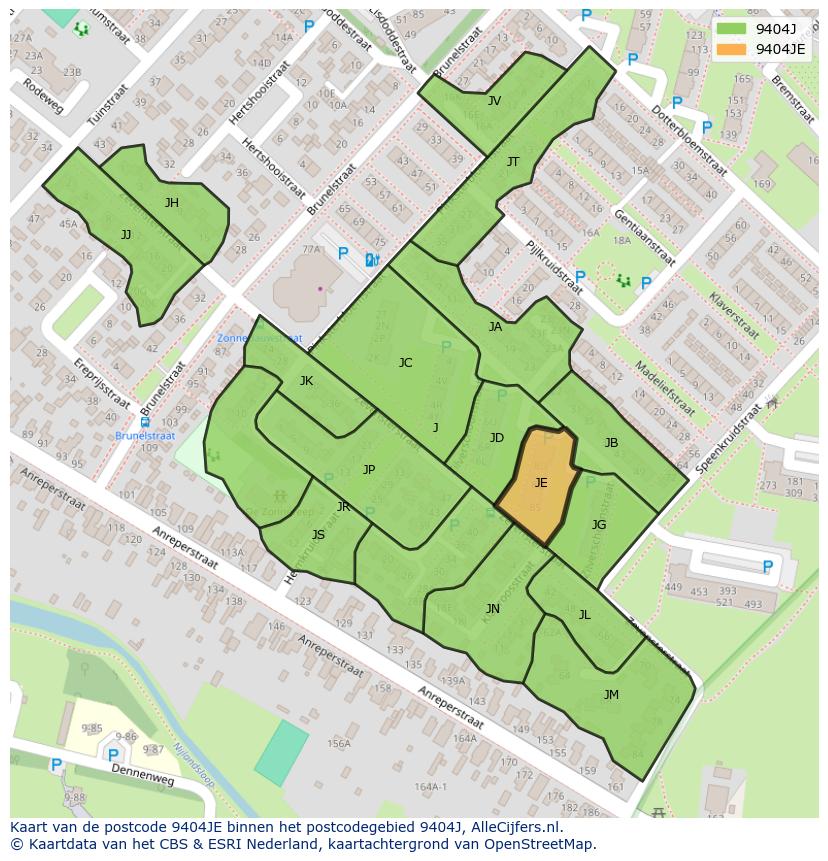 Afbeelding van het postcodegebied 9404 JE op de kaart.