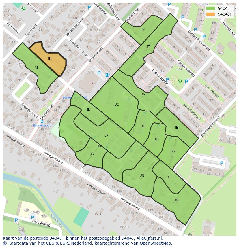 Afbeelding van het postcodegebied 9404 JH op de kaart.