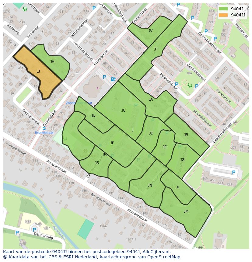 Afbeelding van het postcodegebied 9404 JJ op de kaart.