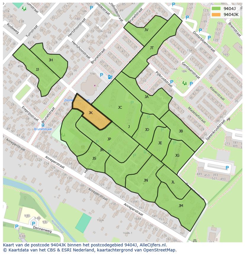 Afbeelding van het postcodegebied 9404 JK op de kaart.