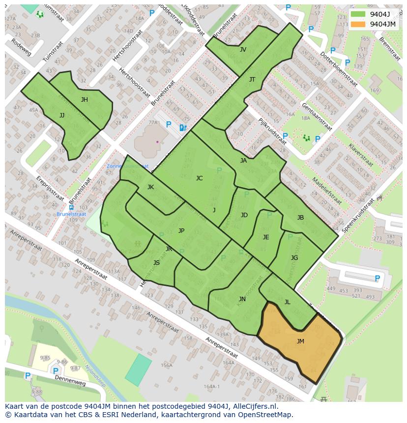 Afbeelding van het postcodegebied 9404 JM op de kaart.