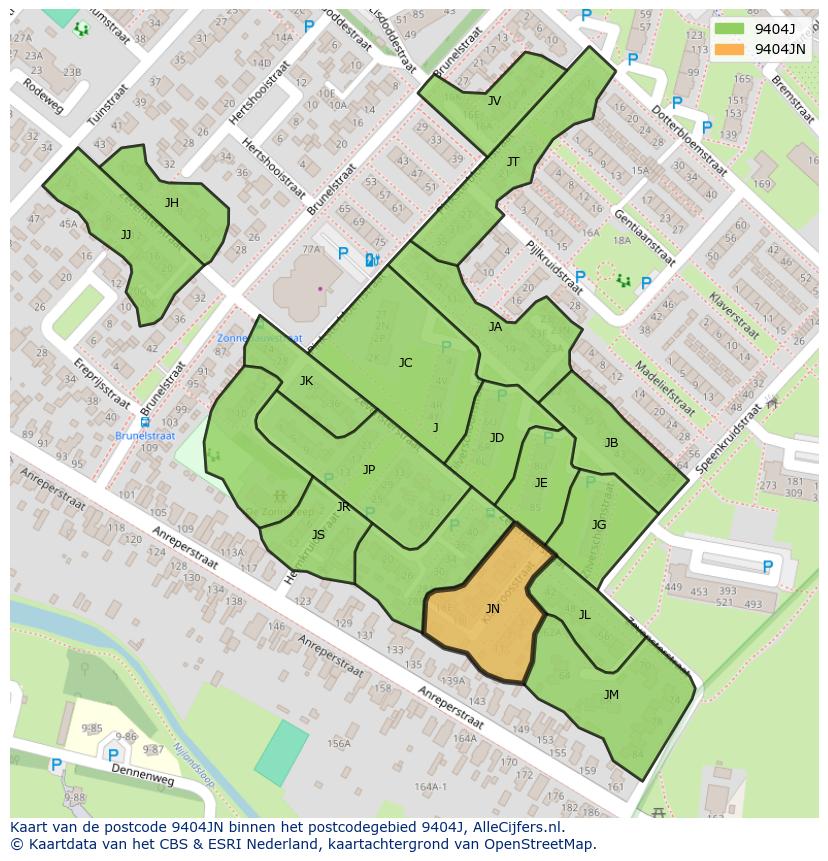Afbeelding van het postcodegebied 9404 JN op de kaart.