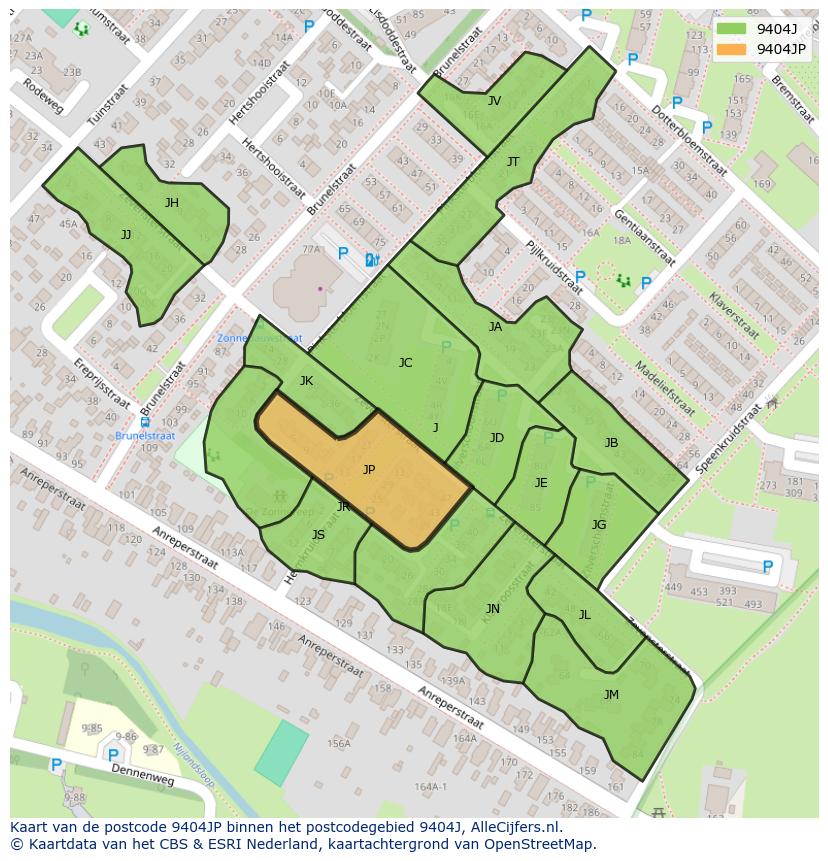 Afbeelding van het postcodegebied 9404 JP op de kaart.