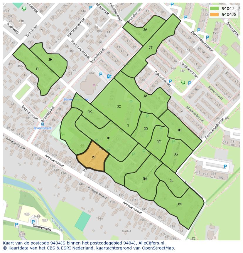 Afbeelding van het postcodegebied 9404 JS op de kaart.