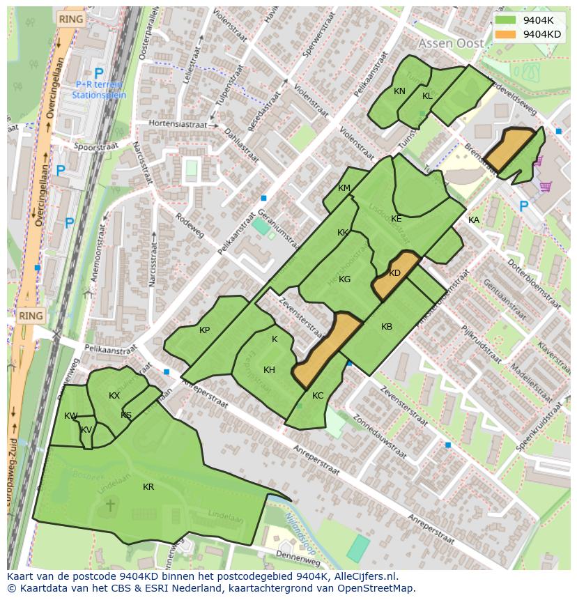 Afbeelding van het postcodegebied 9404 KD op de kaart.
