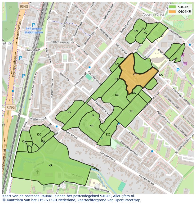 Afbeelding van het postcodegebied 9404 KE op de kaart.