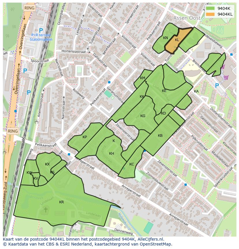 Afbeelding van het postcodegebied 9404 KL op de kaart.